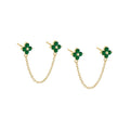 New 14K 18K Gold Plated Green Emerald Cubic Zircon Four Clover Flower Stud Chain Girl Exquisite Brass Earrings for Daily Wear