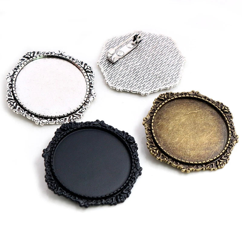 30mm Inner Size Black and Antique Silver Plated and Bronze Colors Plated Brooch Pin Flower Style Cabochon Base Setting