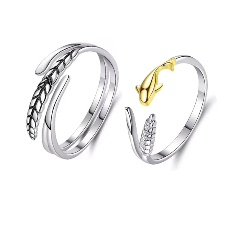 Silver Plated Good Luck Koi and Ears of Wheat Couple Rings for Women Men Wedding Engagement Ring Jewelry Long Distance love Ring