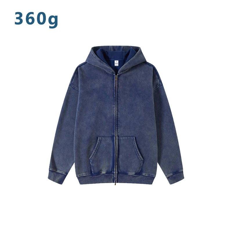 Retro 360g Men's Solid Casual Fleece Thickened Washed Distressed Oversized Vintage Boxy Hoodie Double-Ended Zipper Breathable for