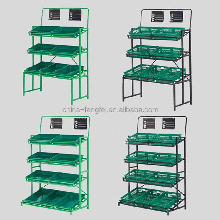 Retail Shop Customized Light Duty Steel Iron Vegetable Stands Supermarket Sale Display Fruit Vegetable Racks Optional Metallic