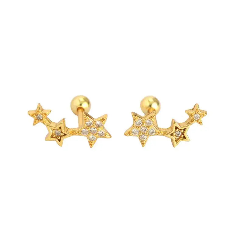 925 Sterling Silver Ladies Minimalist Cubic Zirconia Crystal Star Cartilage Helix Earrings Dainty Three Star Cz Stud Earring