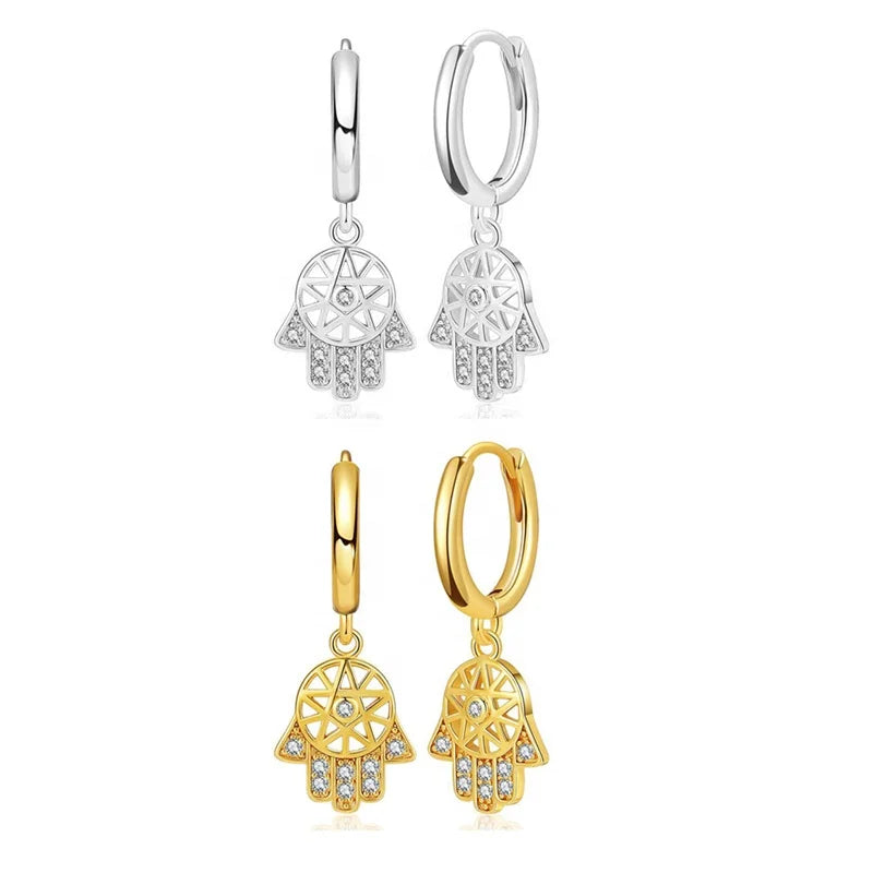 EH1143 Wholesale Jewelry Gold Plated Zircon Fatima Jewelry 925 Silver Sterling Fatima Hand Evil Eyes Dangle Earrings for Women