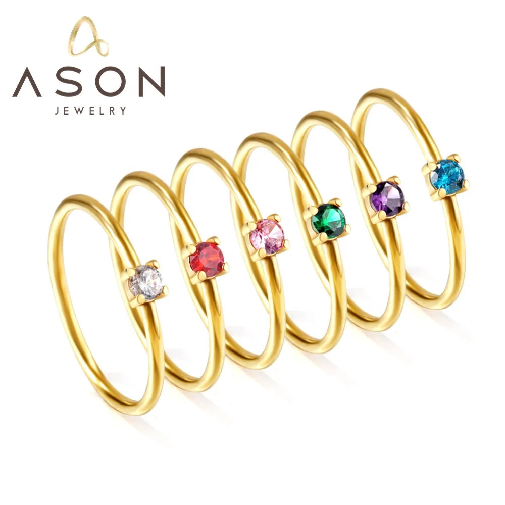 Ason New Design Stainless Steel Jewelry Pvd 18k Gold Plated Wedding Rings Colorful Zircon Stacking Rings for Girls Women