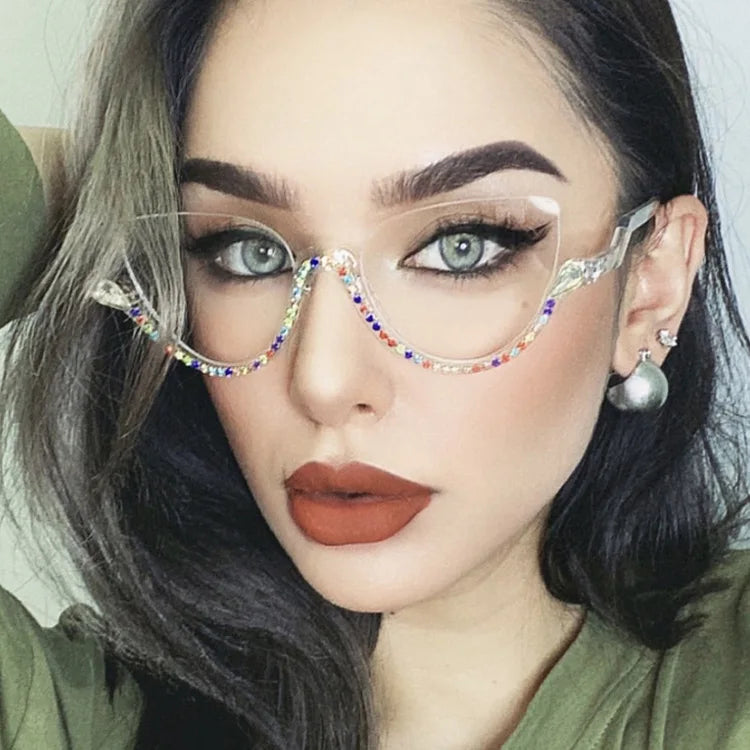 QSKY Fashion Cat Eye Anti Blue Light clear Lens Glasses Half Frame Diamond Eyeglasses Optical Glasses Frame for Man and Woman