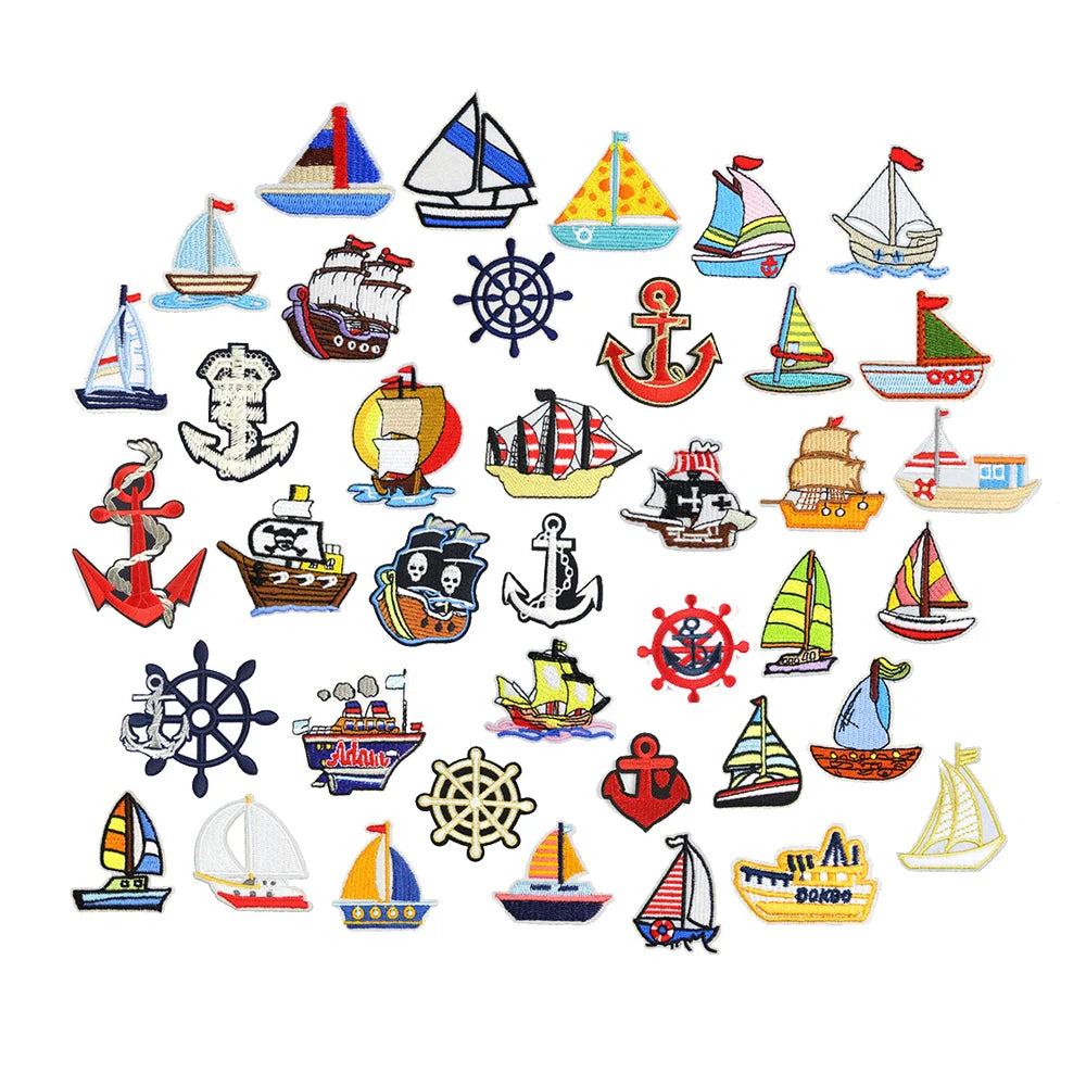 Hot Sale New Cute Sea Ocean Nautical Navigation Iron on Embroidery Sail Boat Anchor Rudder Sailboat Ship Patch