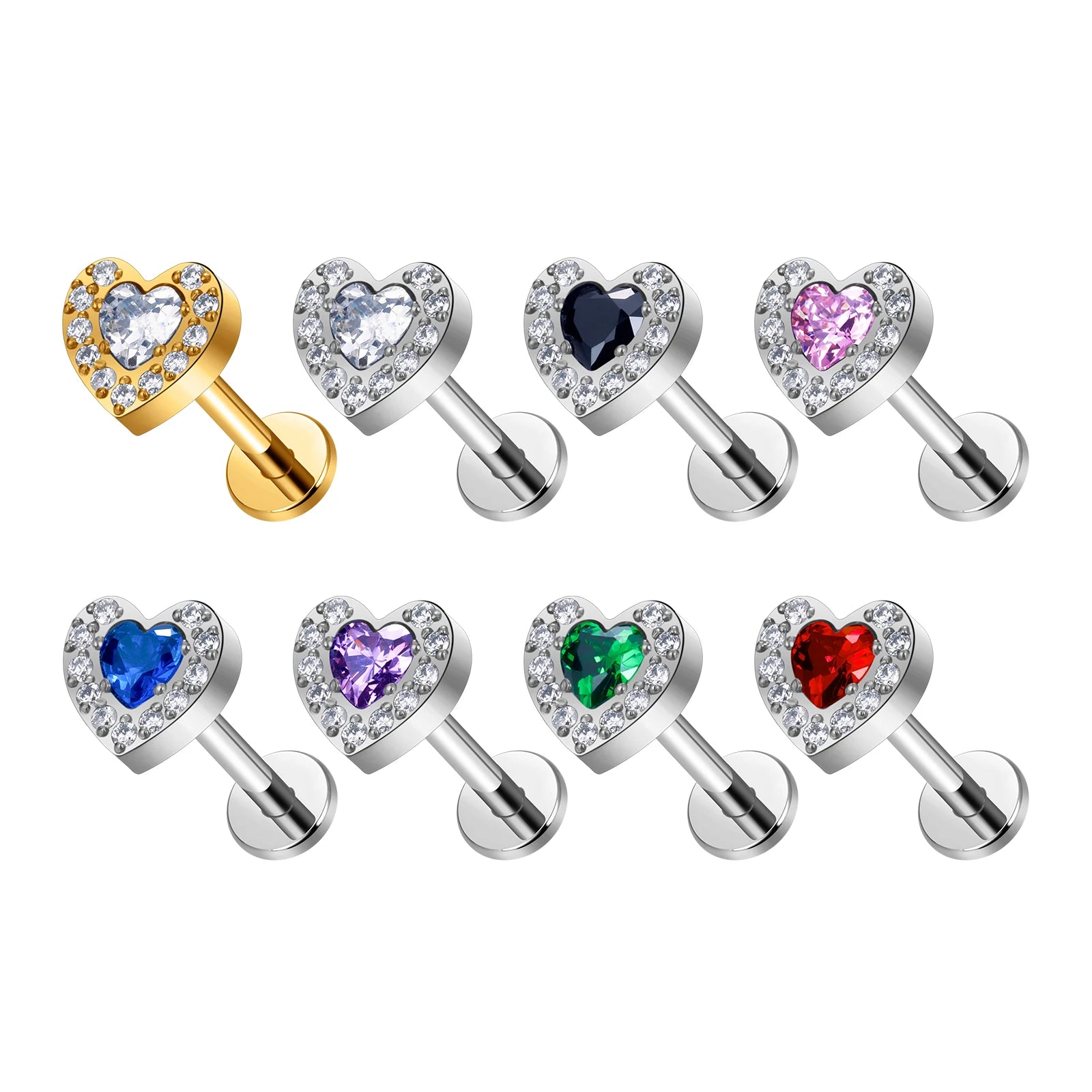 G23 Titanium 16G Ear Piercing Flat Back Fashion Earrings Conch Tragus Helix CZ Paved Heart Shaped Labret Lip Pierc Body Jewelry