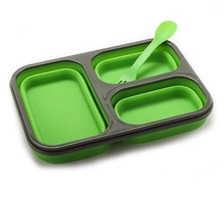 Eco-Friendly 3 Compartment Foldable Lunch Box Microwave Dishwasher Safe Food Grade Silicone Storage Container Heatable Feature