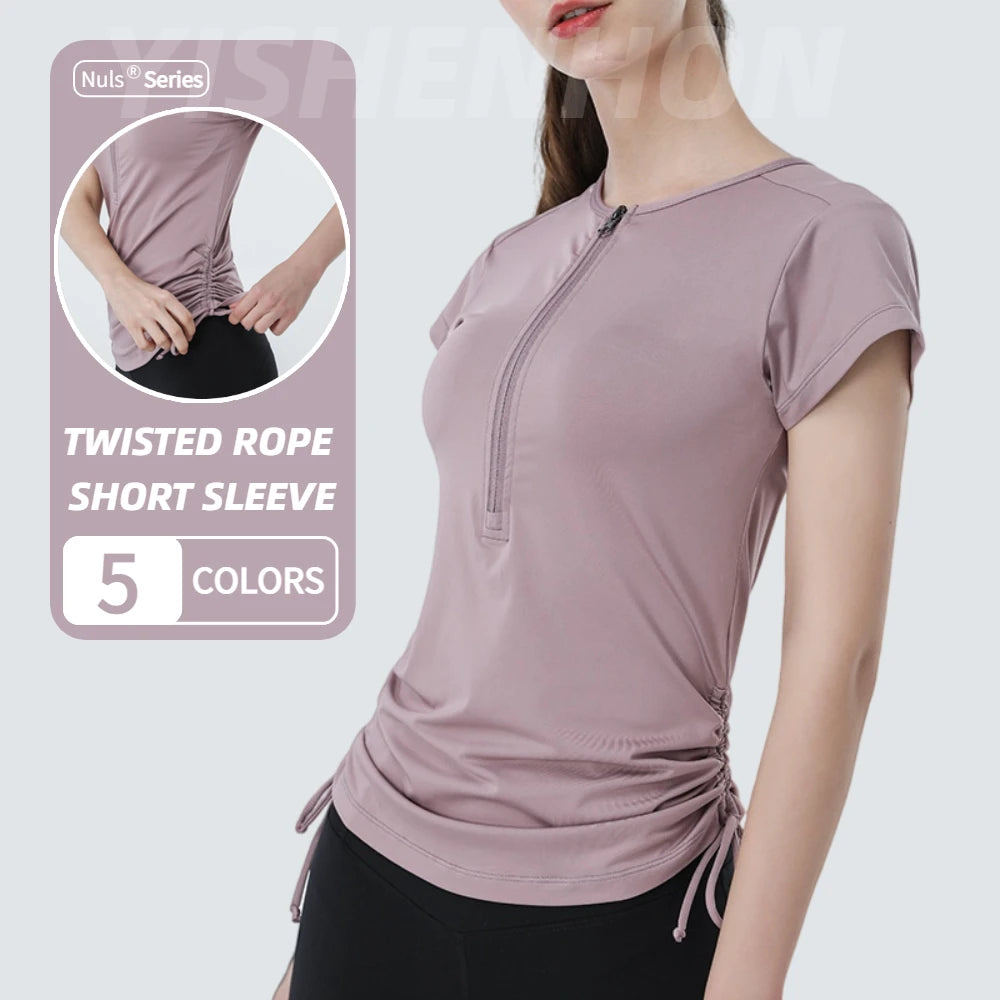 YISHENHON Women's Slim Quick-Drying Running Fitness Sportswear New Short-Sleeved T-Shirt Drawstring Breathable Lightweight Yoga