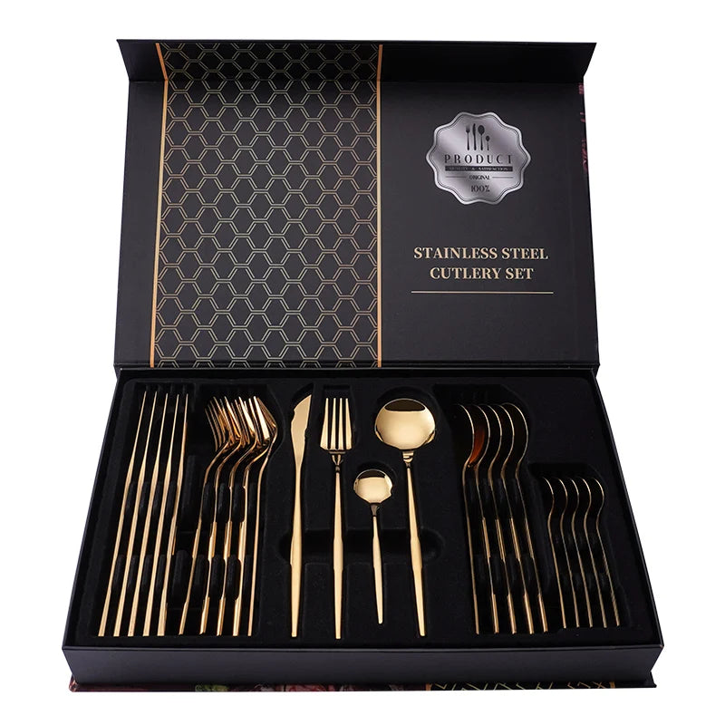 Wholesale Metal Silverware Kitchen 24pcs Tea Coffee Black Dessert Gold Flatware High End Luxury Royal Pointed Tail Stainless Ste