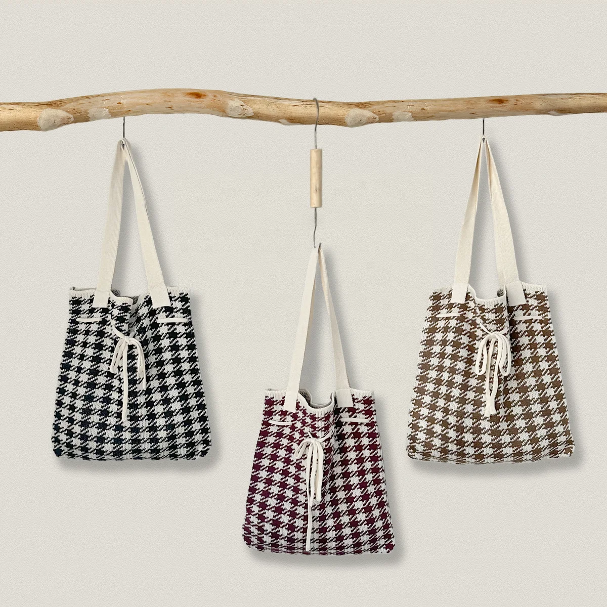 2023 Korean Hot Sale Women's Portable Crochet Tote Bag Large Shoulder Bag with Knitted Plaid Design