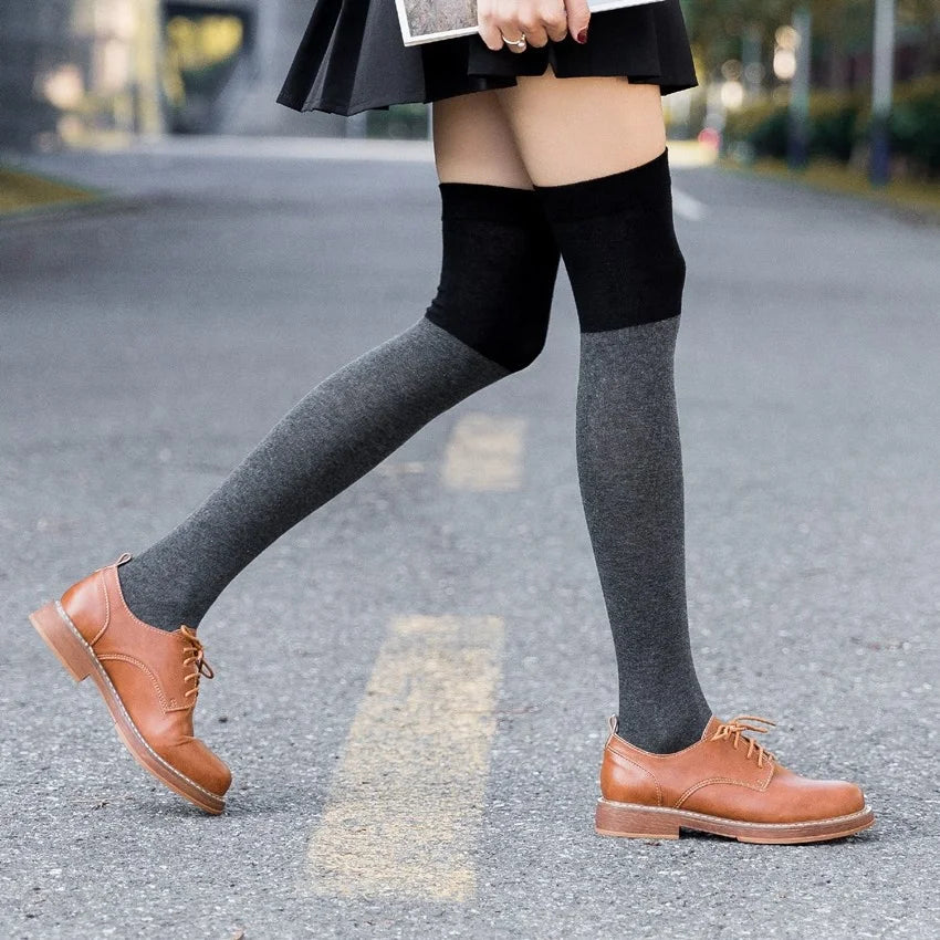 Wholesale Japanese Patchwork Long Legs Socks Women Combed Cotton Over Knee Thigh High Socks