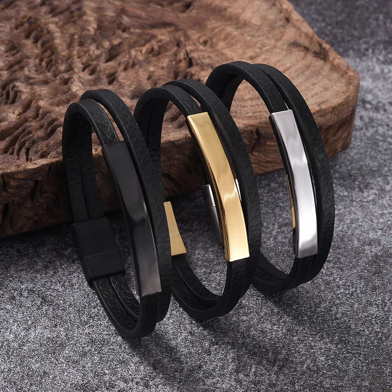 Wholesale Genuine Plain Leather Stainless Steel Engrave Name Logo Magnetic Clasp Leather Cuff Bracelet for Men