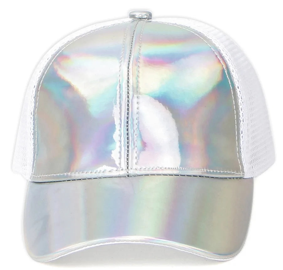 Fashion Wholesale Colorful Shiny Laser Sliver rainbow Hip Hop Snap Back Hologram Trucker Mesh Cap Holographic Hat