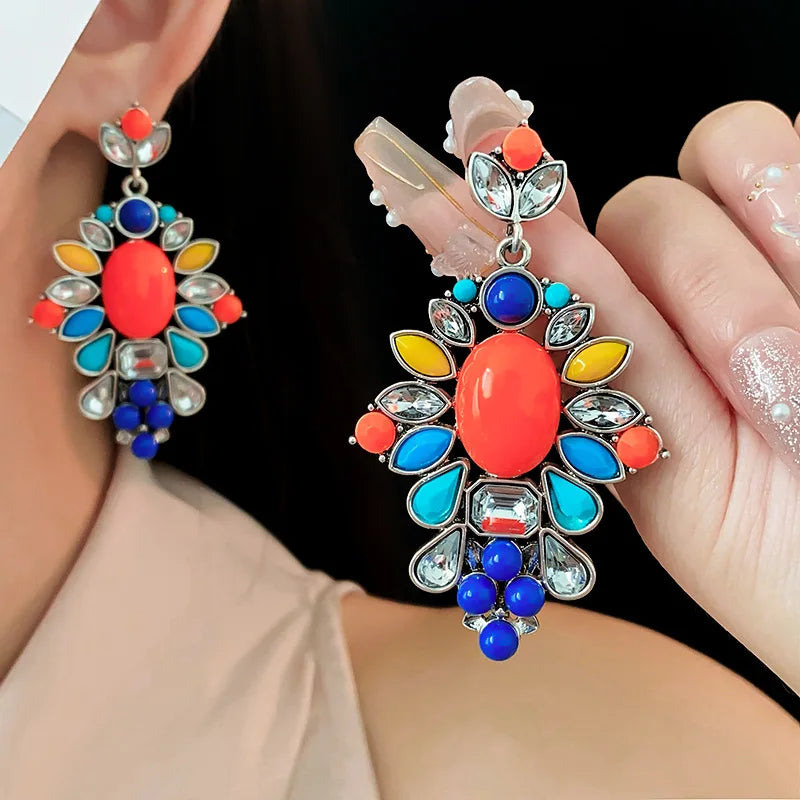 2024 Fashion Jewelry Medieval Vintage Earrings Colored Diamond Inlay Water Drop Earrings Retro Resin Colorful Pendant Earrings