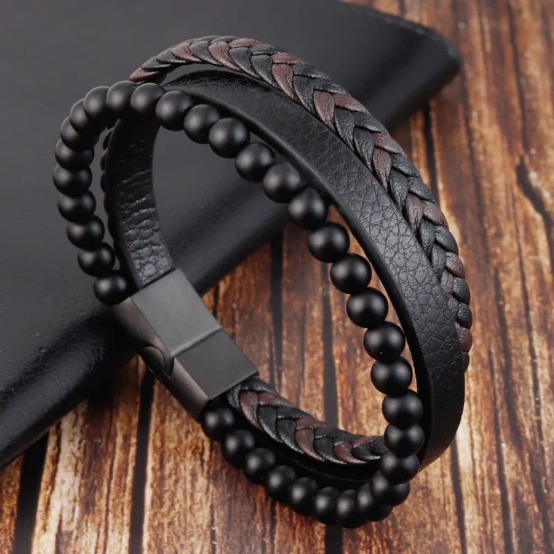 Men's Leather Bracelet Stone Beads Leather Woven Multilayer Leather Bracelet for Boys