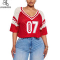 Hollow Football Y2k V Neck T Shirt Women Streetwear Retro Fashion Pullover Knitted Tees