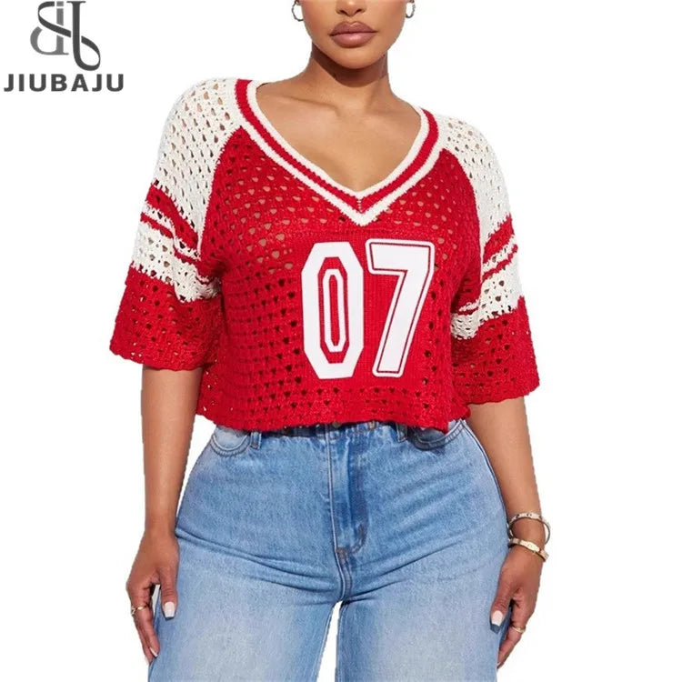 Hollow Football Y2k V Neck T Shirt Women Streetwear Retro Fashion Pullover Knitted Tees