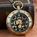 Bronze Mechanical Pocket Watch Roman Numerals Dial Skeleton Design Luxury Men Pocket Watches
