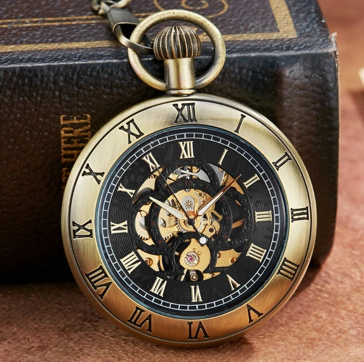 Bronze Mechanical Pocket Watch Roman Numerals Dial Skeleton Design Luxury Men Pocket Watches