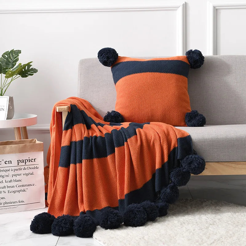 Y-Z Designer Casual Sofa Nordic Tassel Jacquard Cozy Woven Pom Pom Knitted Blanket Throw Set