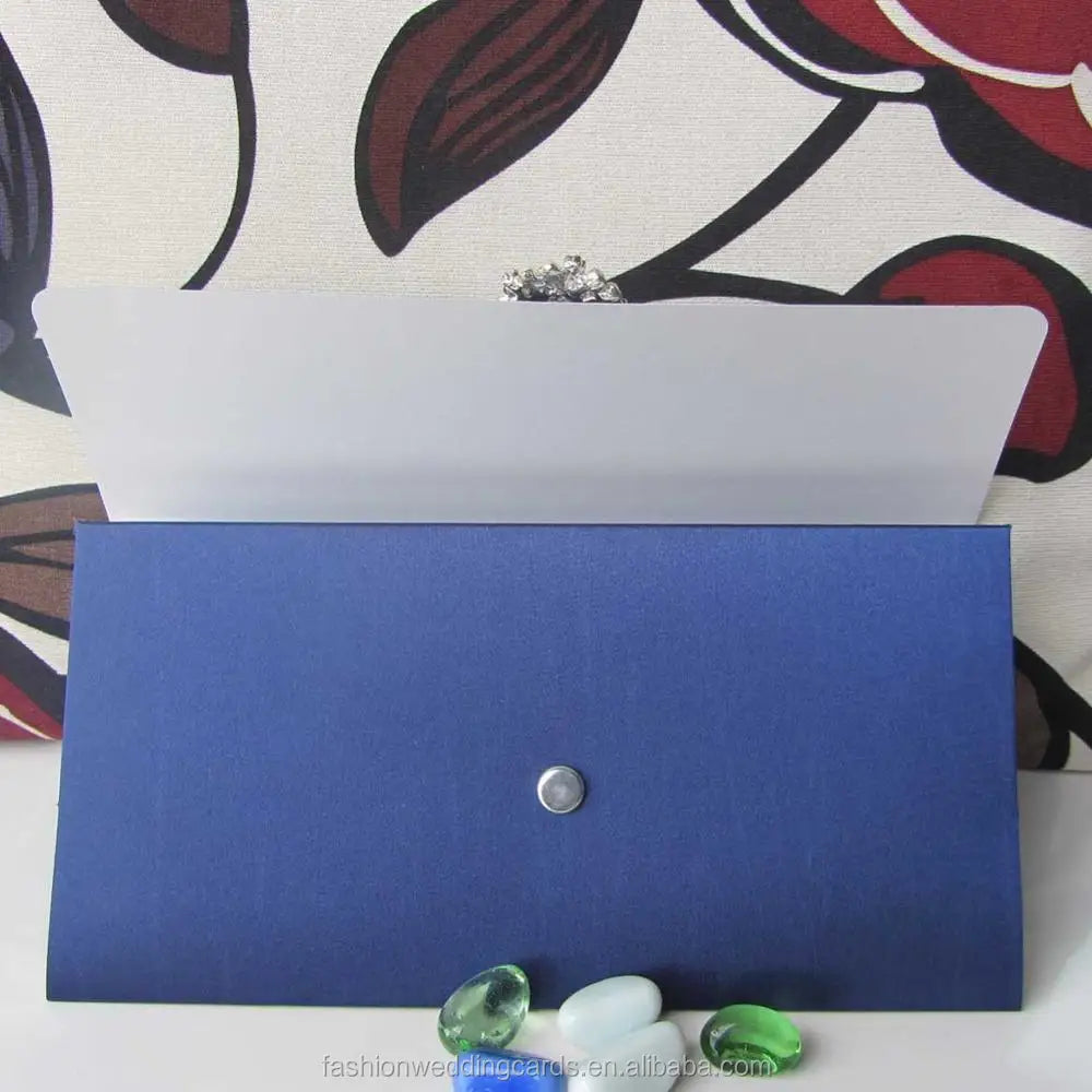 China Wholesale DIY Minimalist Blue Foiled Logo Tri-Fold Pocket Invitations Luxury Wedding Stationery with Music Style