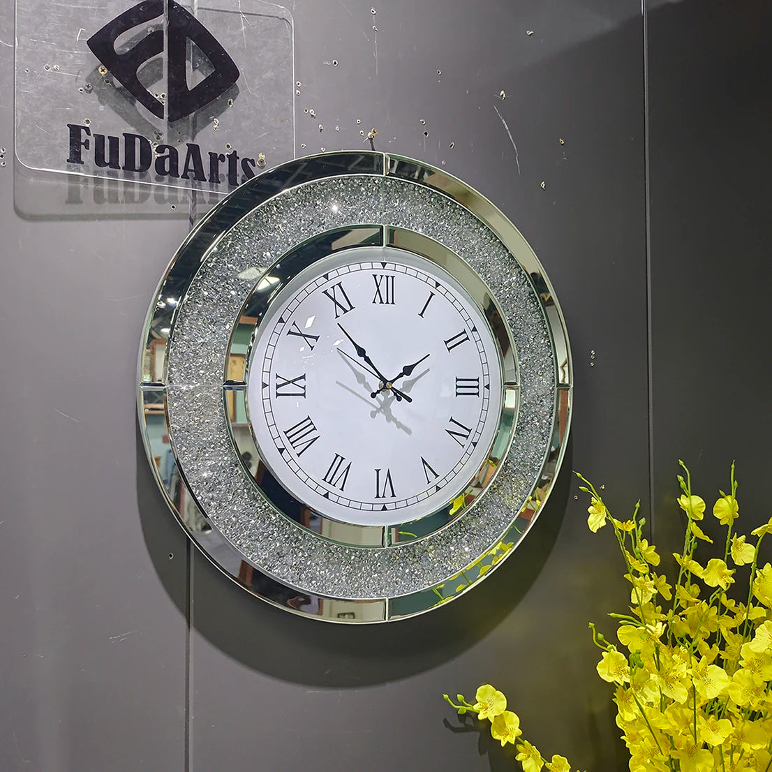 50 Silver Round Mirror Clock Crystal Sparkle Twinkle Bling Crush Diamond Glass Mirrored Large Wall Clock Home Decor Dropshipping