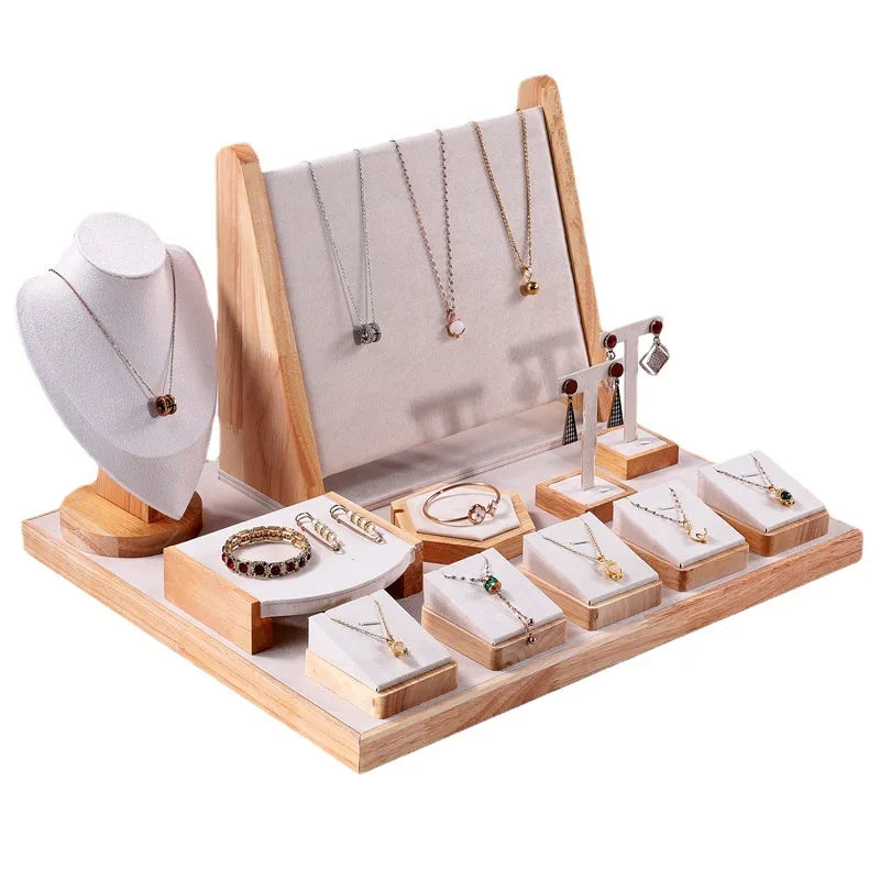 Hot Selling Solid Wood Beige Suede Jewelry Display Stand Ring Necklace Rack Earrings Tray Packaging Quality Props for Store