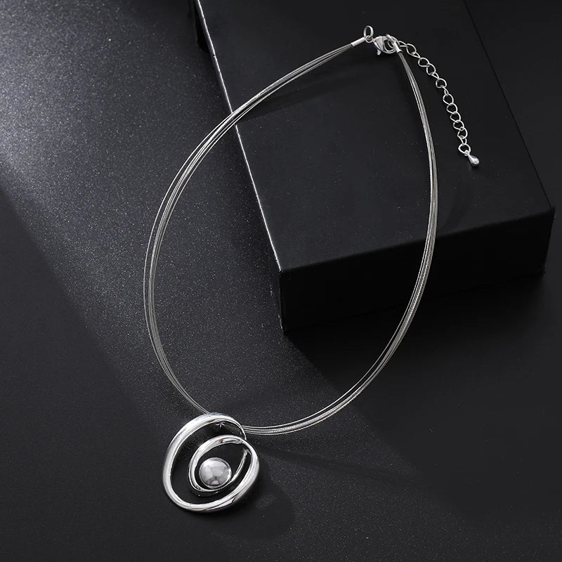 TongLing Simple Multilayer Wire Necklace Silver Plated Alloy Pendant Short Necklace for Women