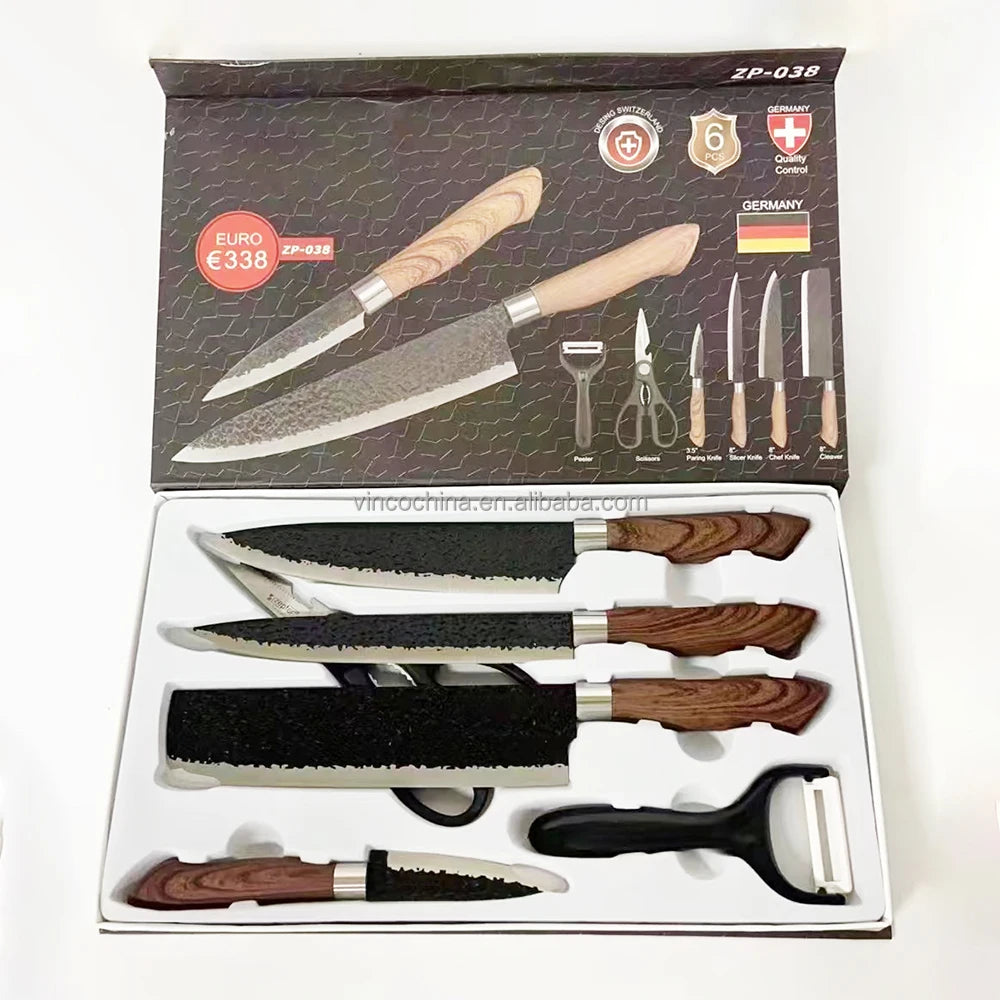 6PCS Stainless Steel Kitchen Knives Set Tools Forged Knife Scissors Ceramic Peeler Chef Slicer Nakiri Paring Knife Gift Case