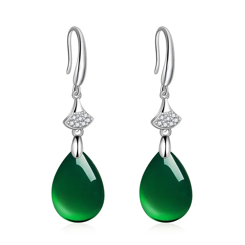 National Style Water Drop Shaped Green Agate Earrings with Micro Diamond Long Green Chalcedony Ear Hook Earrings