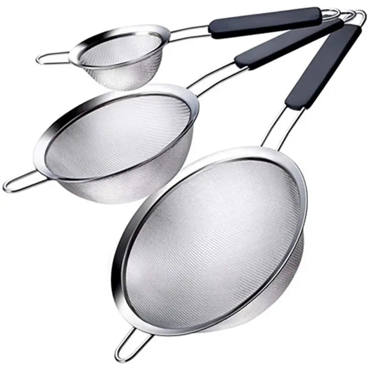 3 Set Kitchen Strainer for Sifting Fine Mesh Stainless Steel Sieve with Non-Slip Handle