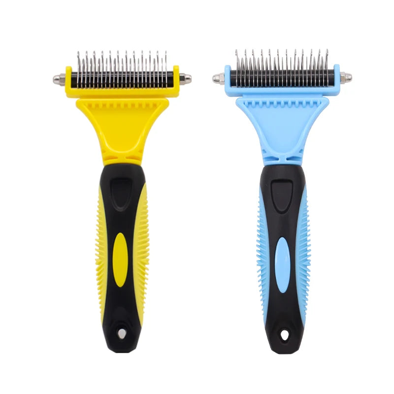 Factory Custom Stainless Steel Double-sided 23+12 Teeth Pet Cat Dog Hair Dematting and Deshedding Grooming Rake Brush Tool