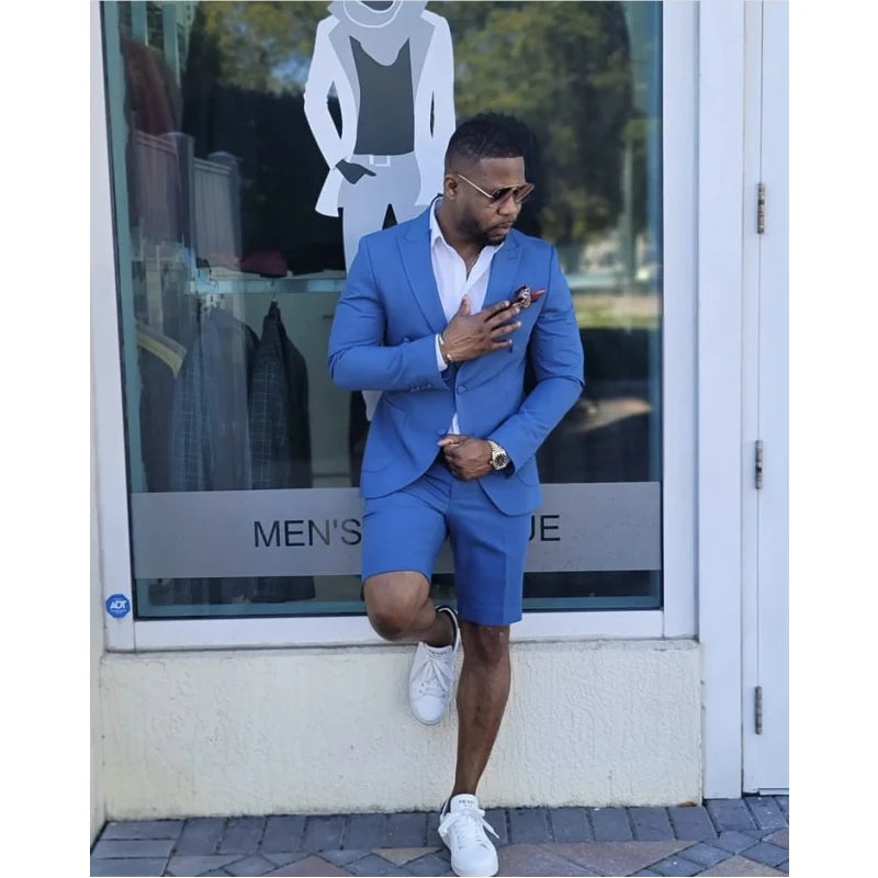 Classic Blue Fashion Men Suits Prom Terno Masculino Groom Blazer Jacket+Short Pant Men Clothes Two Piece