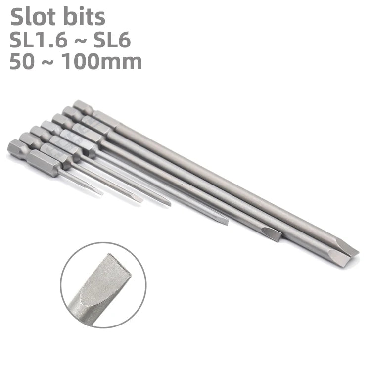 S2 Alloy SL1.6 2 2.5 3 4 5 6mm Slot Screwdriver Flat Bits with Length 50 65 75 100 120 150mm 1/4 Hex Shank Screw Driver
