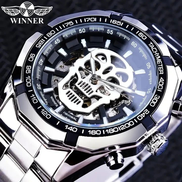 Winner New 2023 Black Silver Clock Steampunk Skull Design Luminous Hands Automatic Transparent Watches for Men
