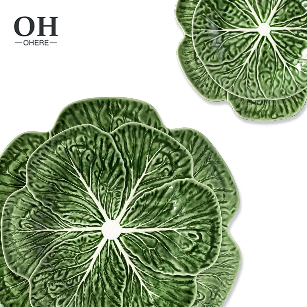Factory Wholesale Green Ceramic Floral Cabbage Dinner Dessert Charger Plates Sets Luxury Dinnerware for Wedding&Events&Rentals
