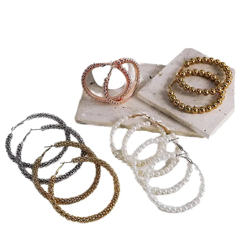 HOVANCI Non Tarnish Hoops Gold Plated Earings 01 Large CC Beaded Pearl Hoop Earings