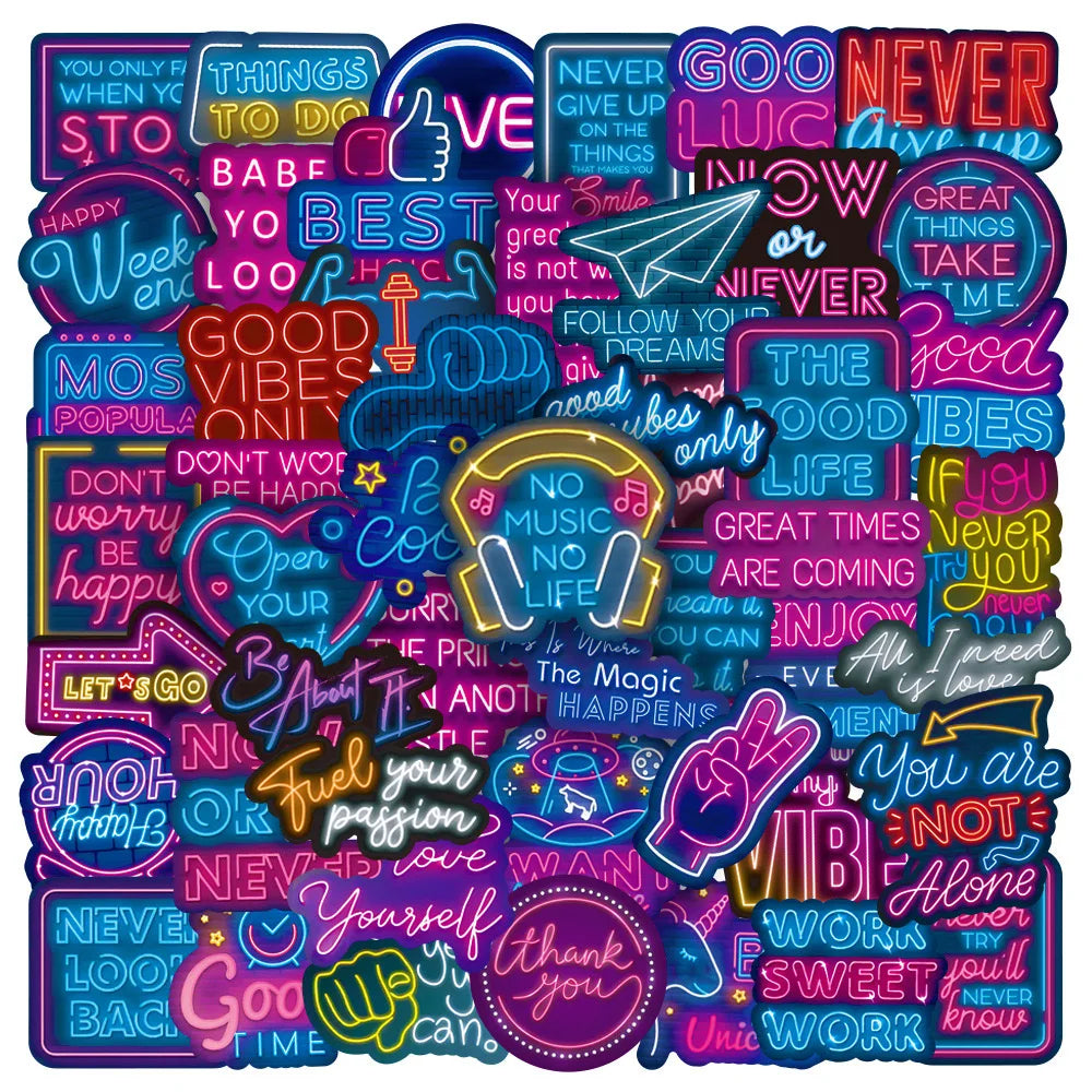 50pcs Neon Exit Text Graffiti PVC Waterproof Sticker Packs for Kids Laptop Cup Luggage Notebook Bottle Helmet Decoration