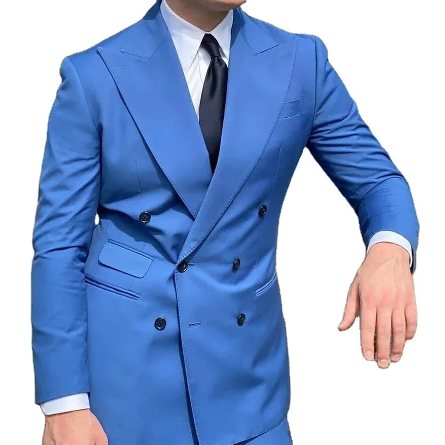 2025 Latest Blue Men Suits Custom Made Double-Breasted Top for Male Tuxedo Men blazer Suit Wedding Prom 2 Pieces (Coat + Pants)