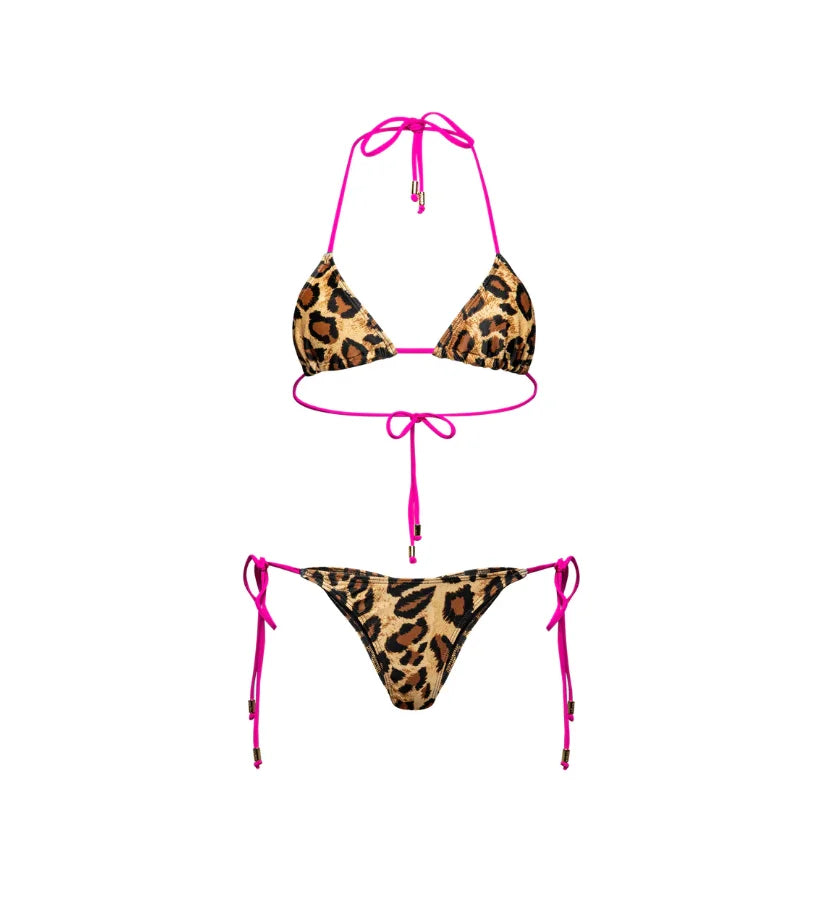 Customized Women's Halter Neck Bikini Swimwear Leopard Printed Plaid 2-Piece Beachwear with Lace-up Feature
