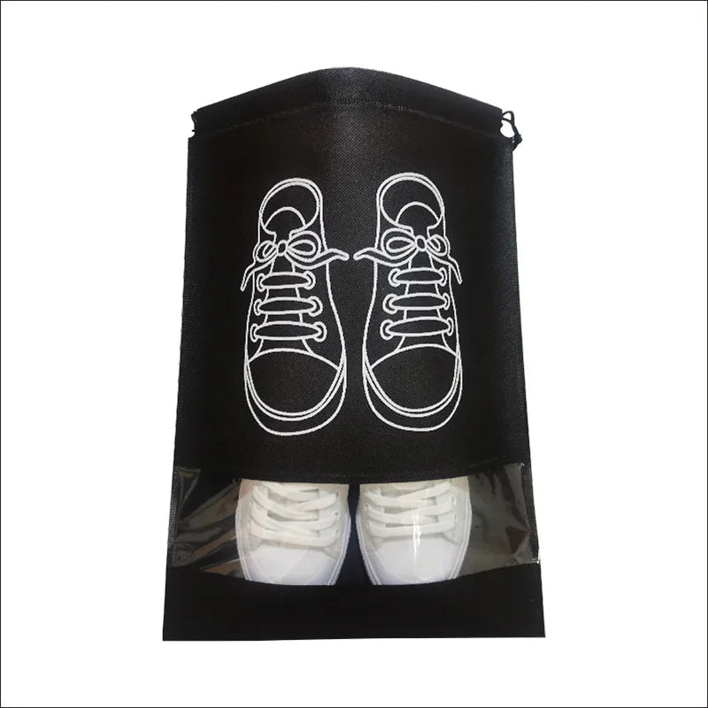 Fashional Black Reusable Non-Woven Drawstring Shoe Bag with PVC Window Biodegradable for Clothing and Socks for Promotion