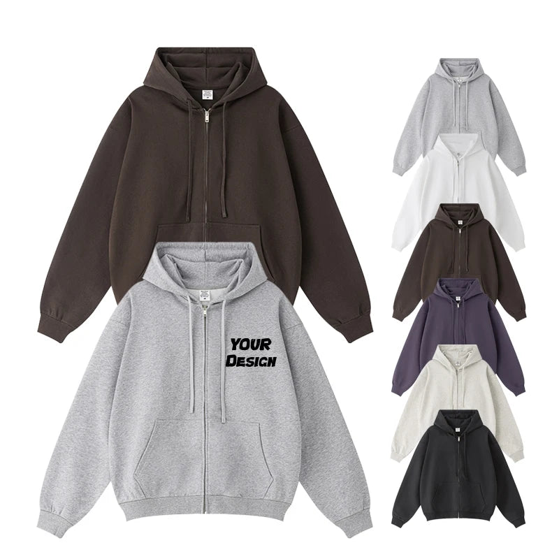 Custom logo Heavyweight 440gsm Full Zipper Hoodie 440gsm Oversized Thick Drop Shoulder Boxy Cropped Zip up Men Hoodie