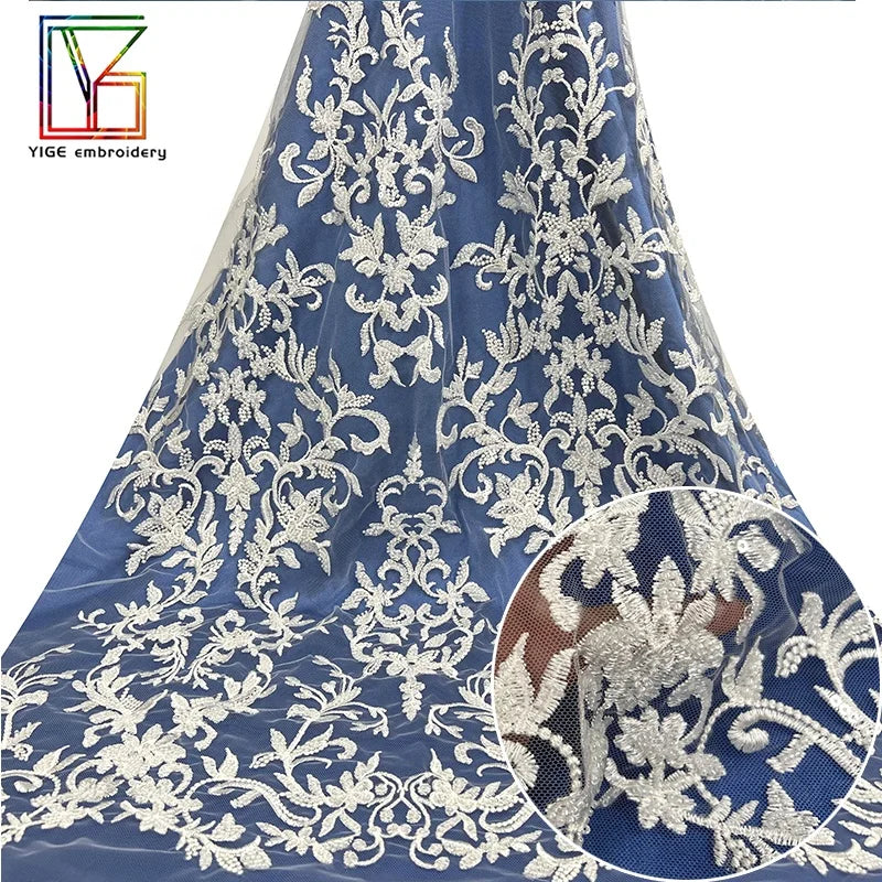 Luxury White Embroidered Beaded Sequins Tulle Lace Fabric French Wedding Bridal Women Beads Mesh Lace Fabric for Evening Dress