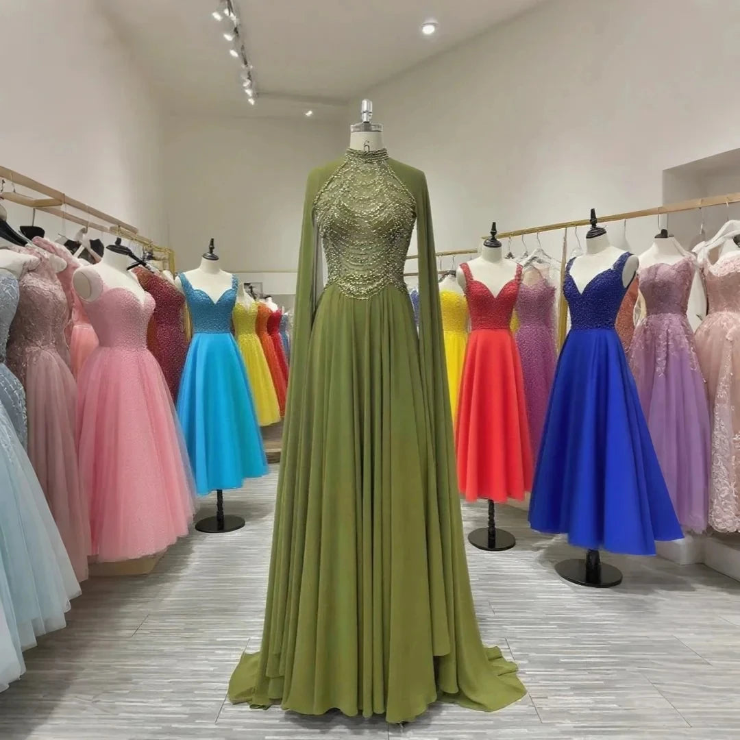 Luxury Dubai Mermaid Muslim Evening Dress With Overskirt Long Sleeves Brown Arabic Plus Size Women Wedding Formal Gowns