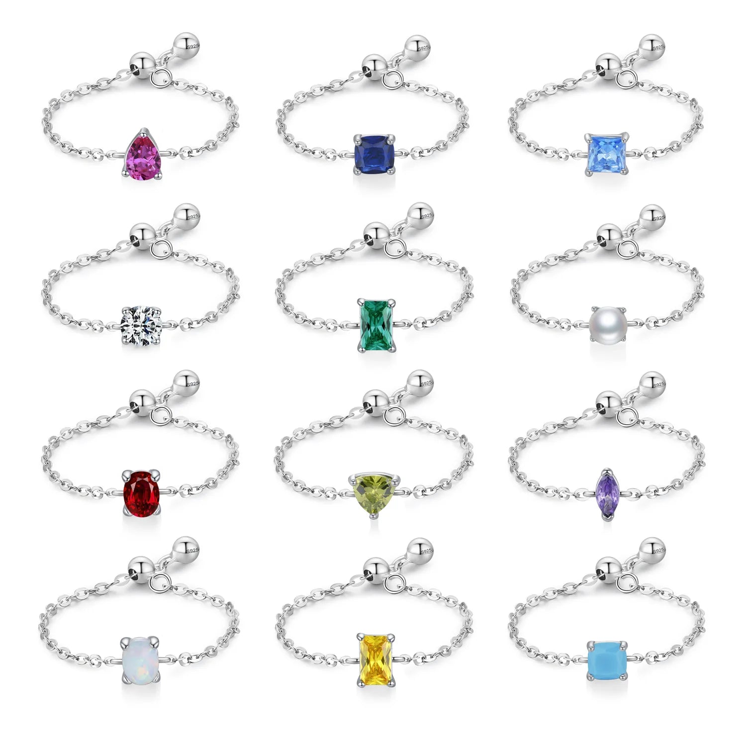 925 Silver Color Cubic Zirconia Chain Ring Adjustable Fine Jewelry Birthstone Ring for Women