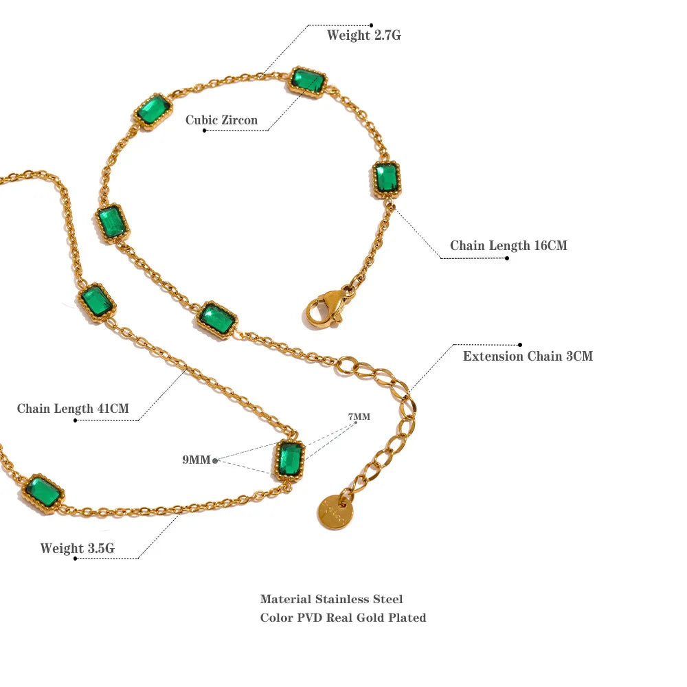 Nabest Women's Gold Plated Stainless Steel Chain Jewelry Set Rectangle Emerald & Zircon Charm Necklace Bracelet for Wedding