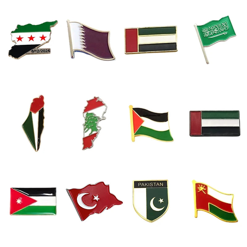 Mid-East Countries Flag Enamel Pins Mobile Phone Stickers Mid-eastern Country Flags Lapel Pins Map Shaped Flag logo Metal Badges