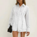 Enyami Cotton Over Sized Women Long Sleeve Blouses Basic Ladies Lace-up Loose Button up Oversized Shirt Shorts 2 Piece Set