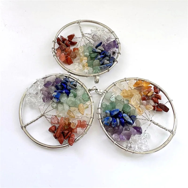 Tree of Life Gem Stone Pendant Round Shape Crystal 7 Chakra Wire Wrapped Lucky Riches  for Gifts